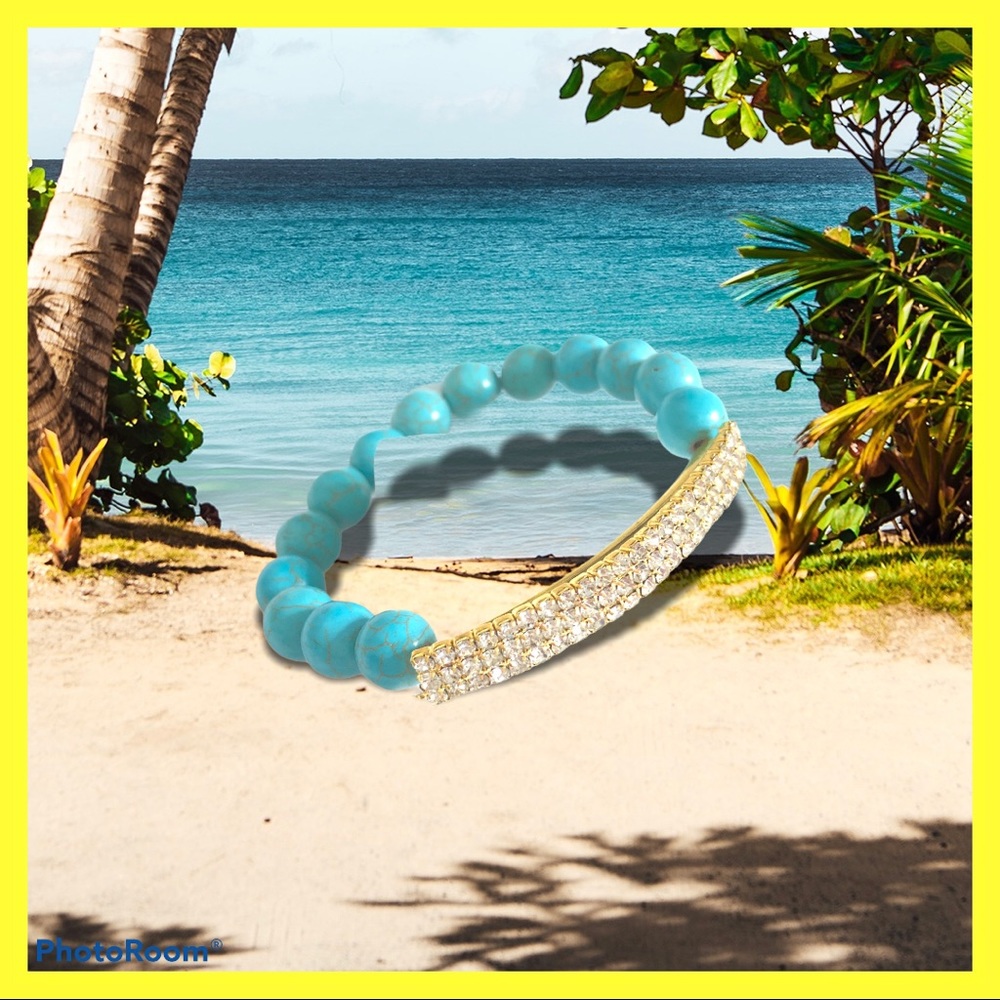 Gold Rhinestone Crystal Turquoise Blue Bracelet - Picture 5 of 10